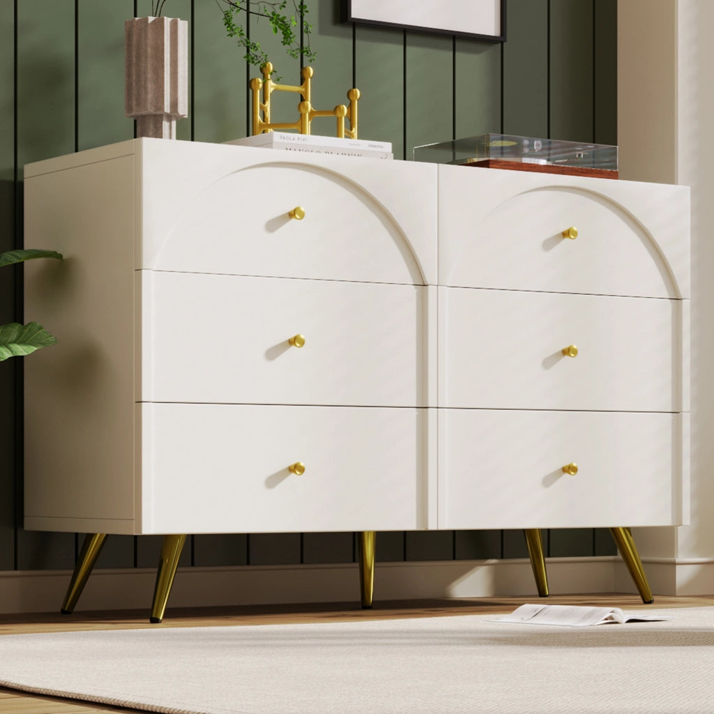 Комò con 6 cassetti colore crema-bianco, H85xL120xP40 cm, struttura in legno e metallo
