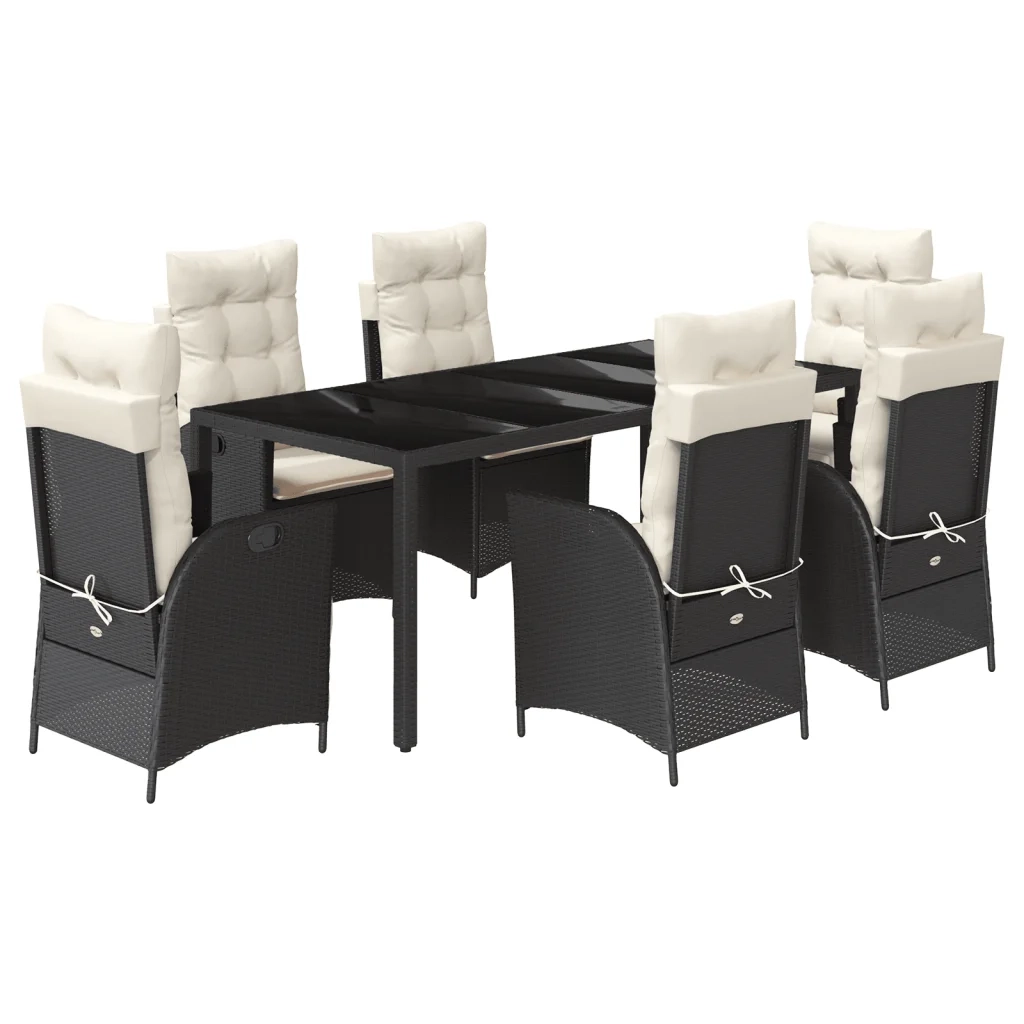 Set da Pranzo da Giardino 7 pz Nero con Cuscini in Polyrattan