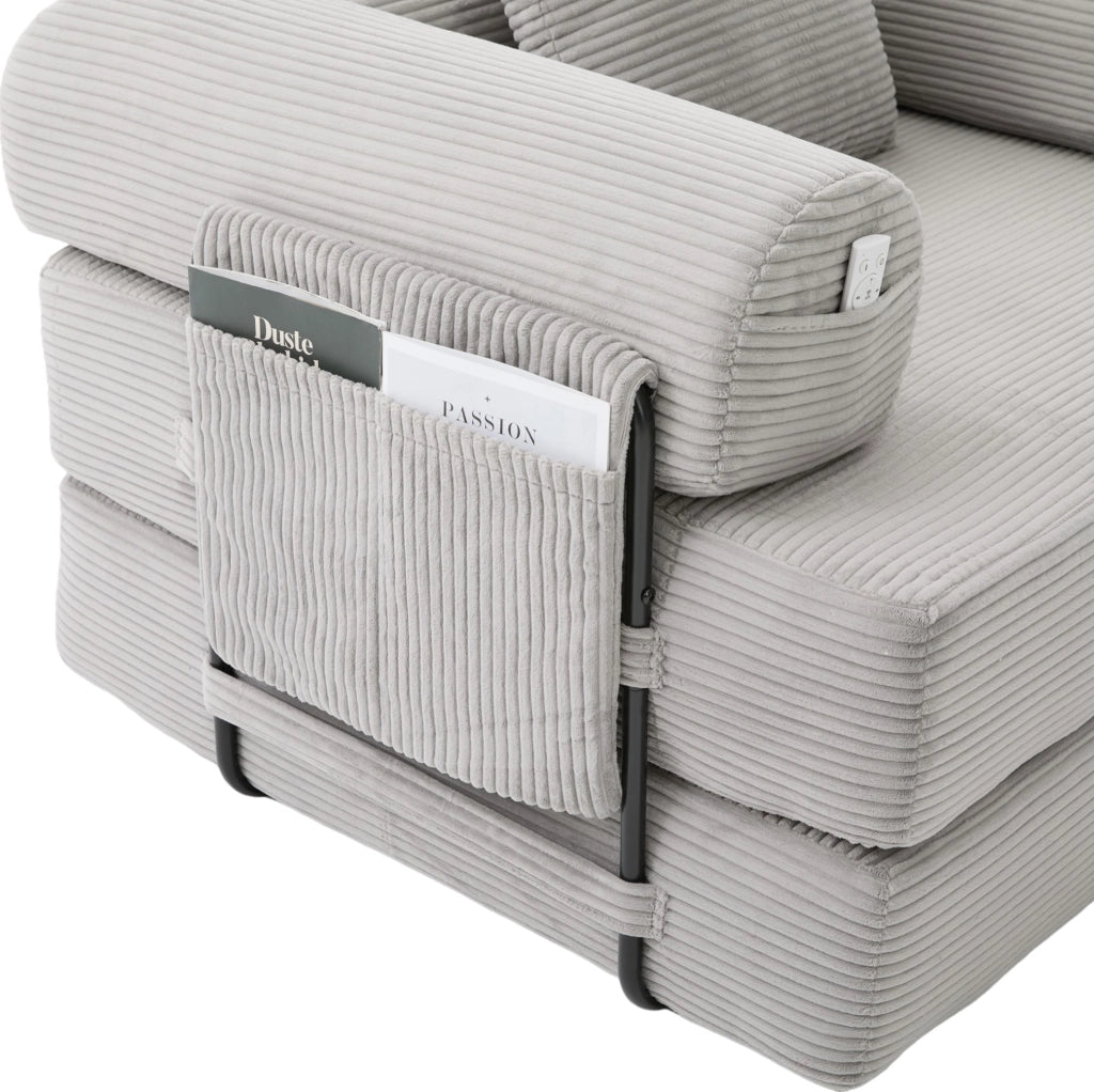 Divano modulare in velluto a coste grigio chiaro con poltrona, pouf e tasca portaoggetti