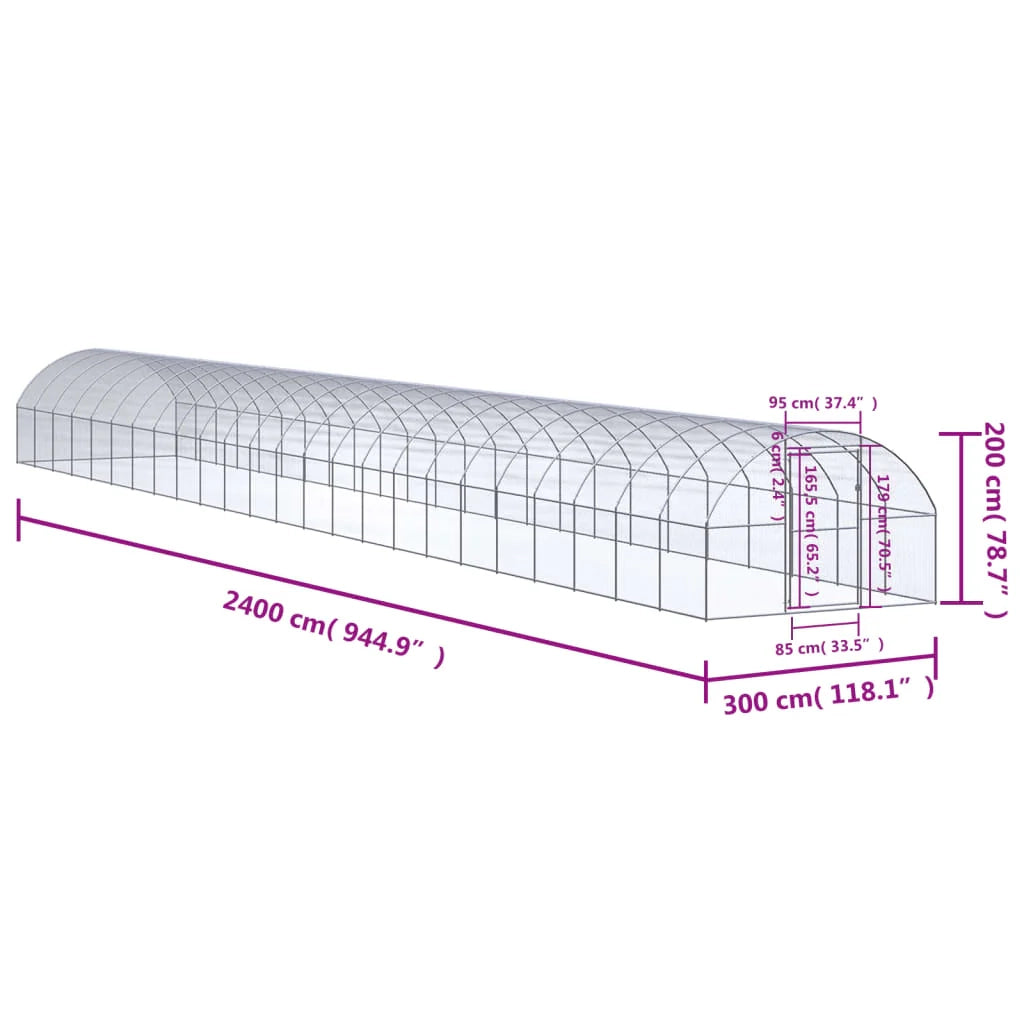 Pollaio/recinto/gabbia per polli da esterno 3 x 24 x 2 m acciaio zincato argento 02_0044009
