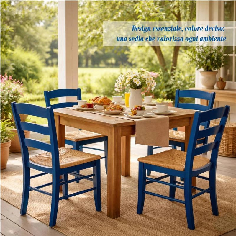 SET 2 SEDIE PAESANA IN LEGNO CON SEDUTA IN PAGLIA E SCHIENALE ALTO 42X40X87H CM COLORE BLU