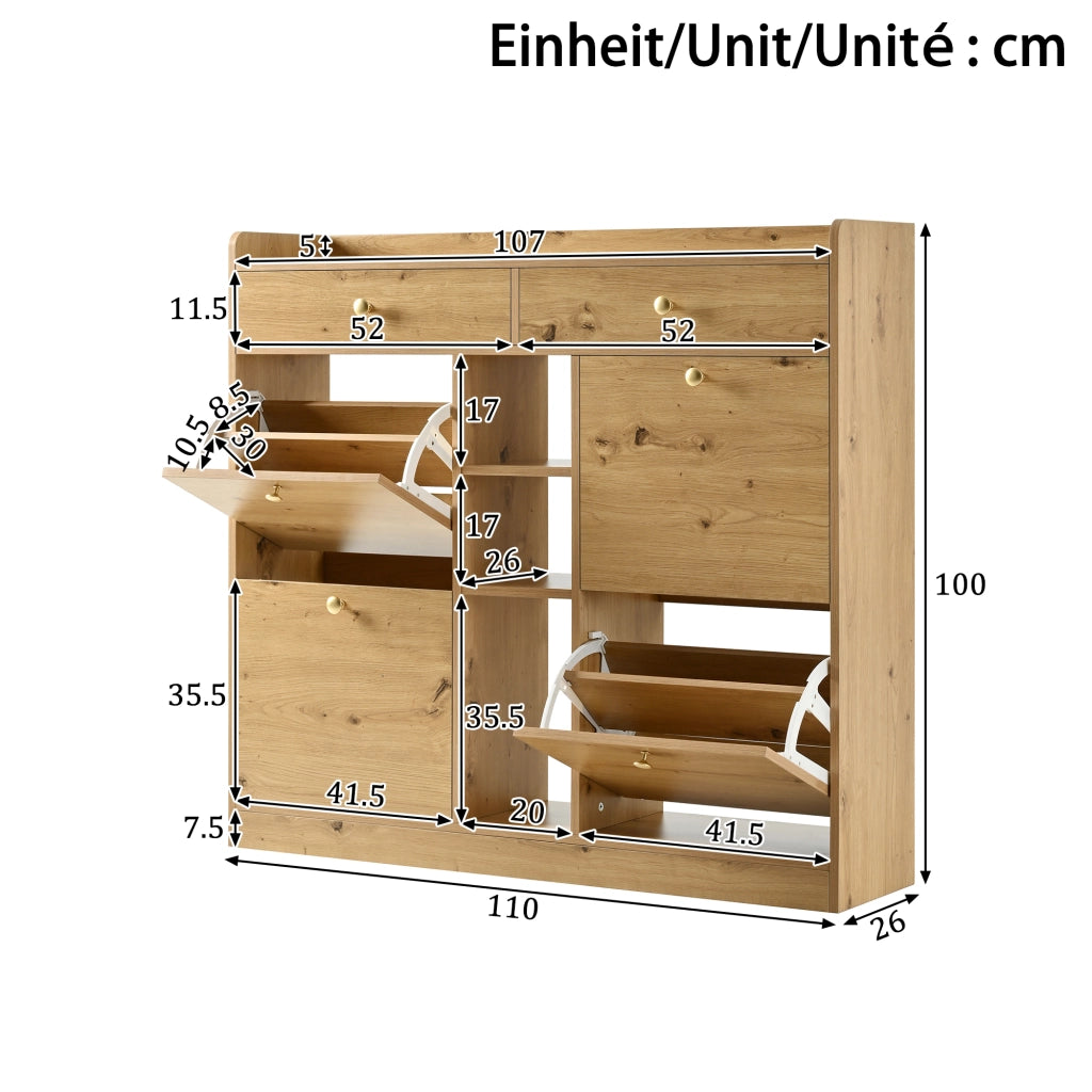 Mobile Scarpiera con 4 Ante a Ribalta; 2 Cassetti e 3 Vani Aperti; Stile Minimalista; in Pannello Truciolare; 110×26×100 cm; Naturale