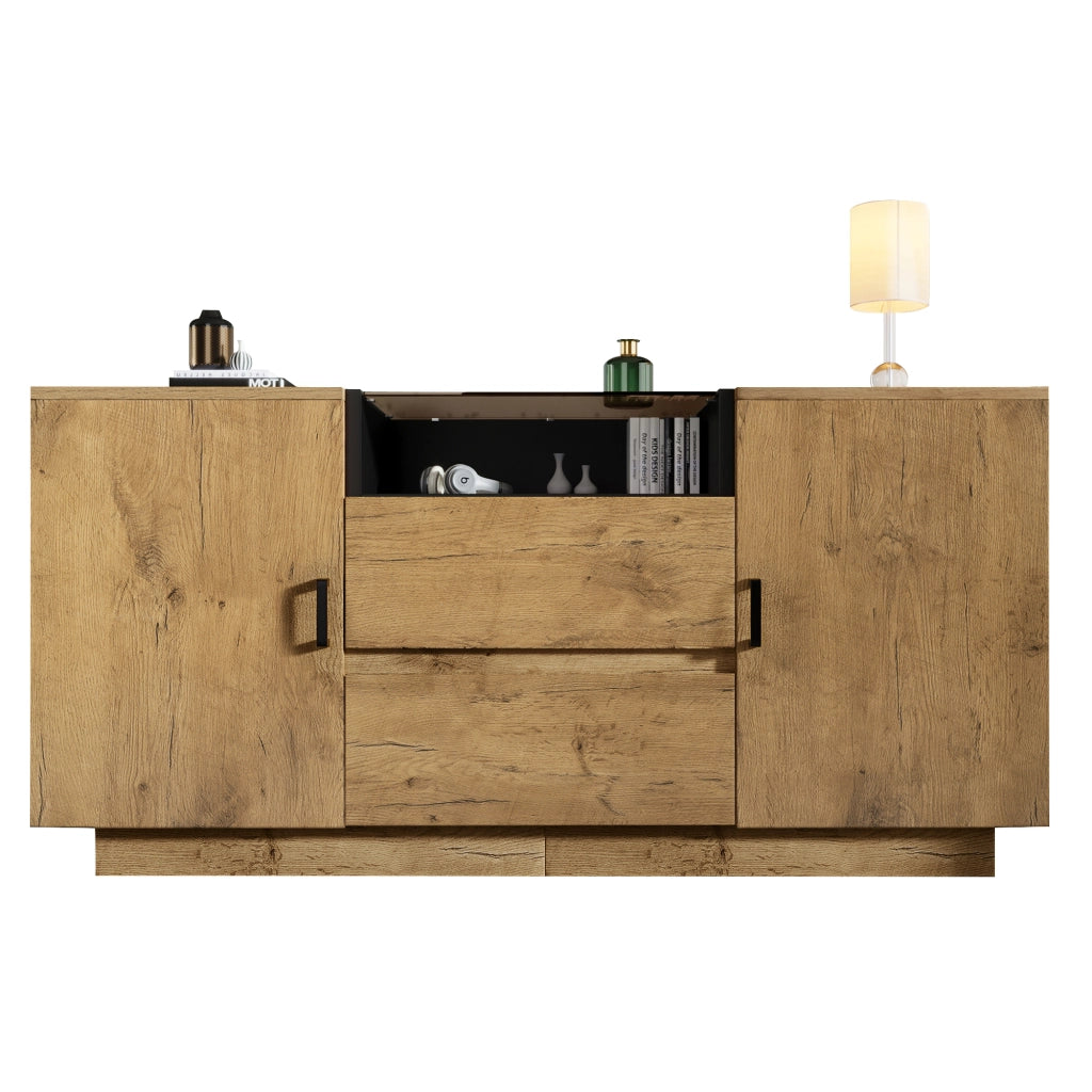 Credenza con 2 Ante; 2 Cassetti e 1 Vano Aperto; Ripiani Regolabili; per Soggiorno in Legno; 140 × 40 × 70 cm; Rovere Chiaro