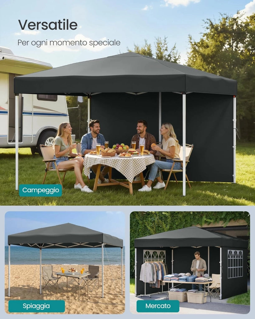 SONGMICS Gazebo, Tendone Pieghevole, Protezione Solare, Resistente alla Pioggia Leggera, Portatile, con Pareti Laterali, per Cortile, Giardino, Mercato, 3 x 3 m, Grigio Scuro GCT104GZ01