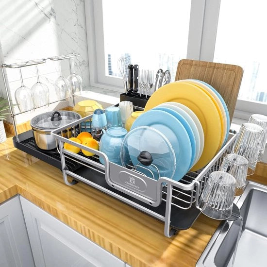 Afdruiprek in Alluminio con Grande Capacità con Lavello Rimovibile per Spazio Cucina e Contenitore Utensili