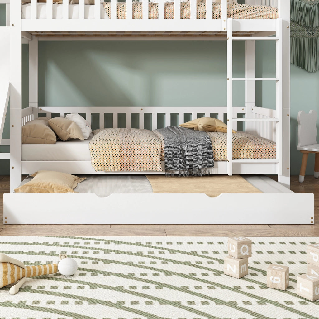 Letto a Castello con Letto Estraibile; Rampa e Scale; 90x200 e 90x190 cm; Bianco