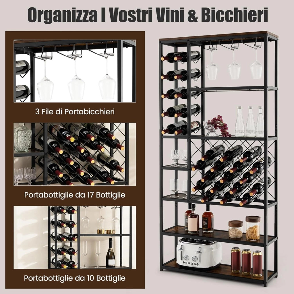 Portabottiglie da Terra, Cantinetta Portabottiglie Vino con Telaio in Metallo e 6 Ripiani, per 27 Bottiglie di Vino e 12 Bicchieri, per Cucina, Sala da Pranzo, 81 x 23 x 166 cm