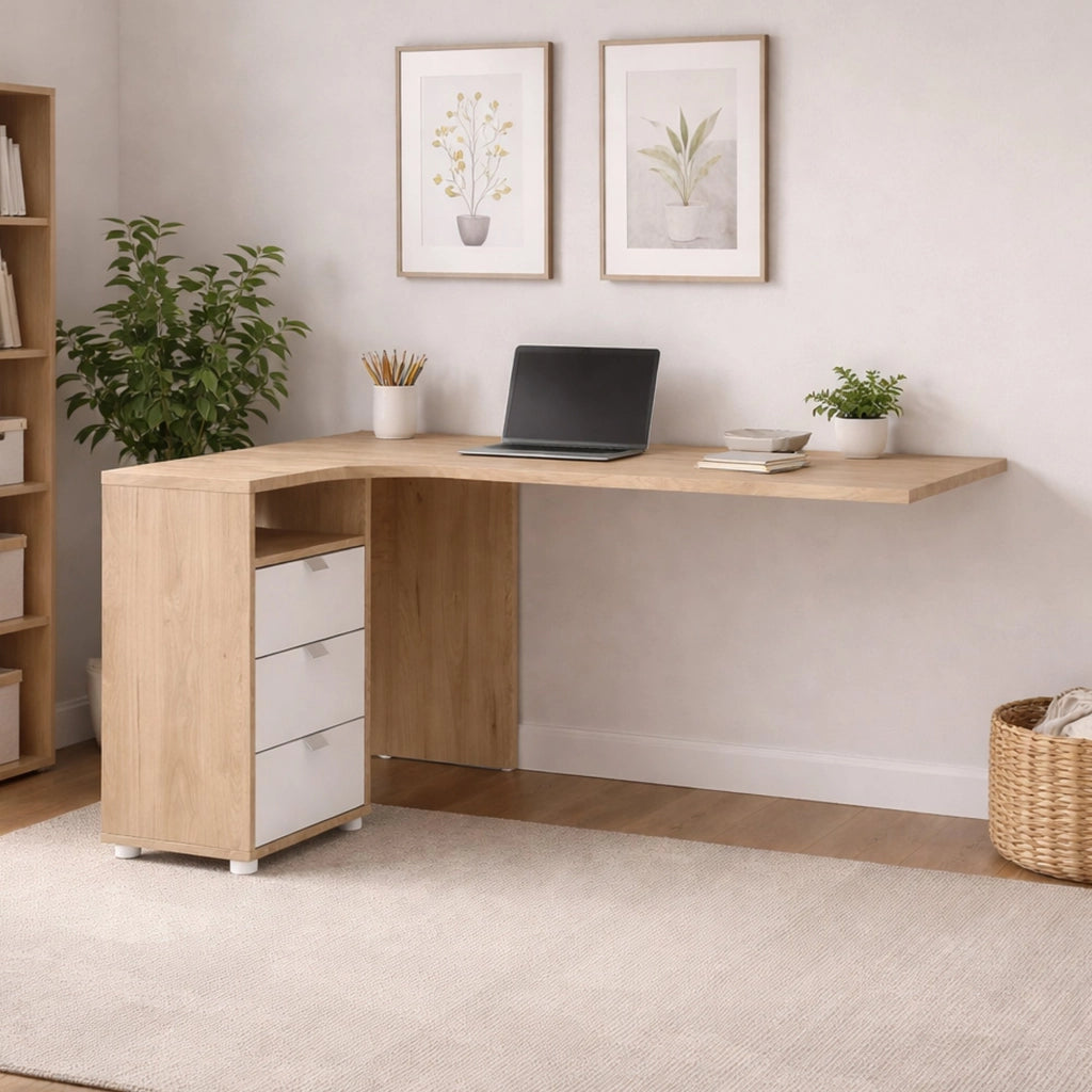 Scrivania Peipah, Scrittoio multiuso, Tavolo per ufficio porta PC, Piano di lavoro, 150x100 h76 cm, Rovere e Bianco