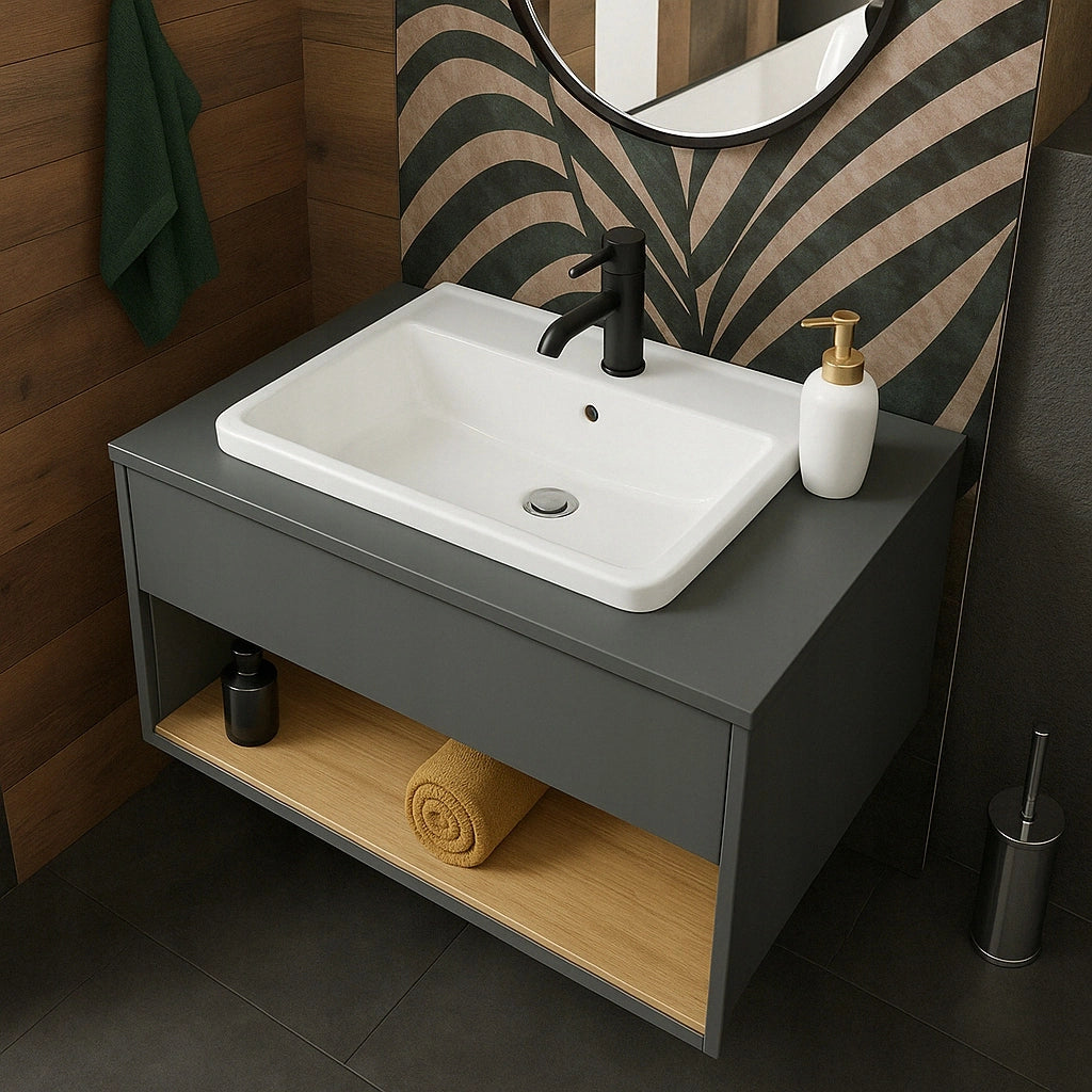 Lavabo in ceramica bianco da incasso nel piano di lavoro, rettangolare, 52 x 41 cm