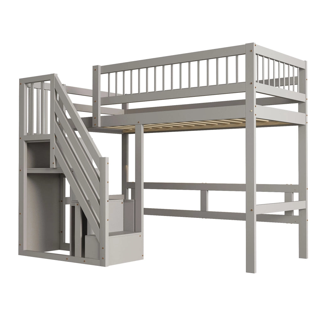 Letto a soppalco ULEVR 90x200 cm con scala contenitore e sponde alte, legno grigio