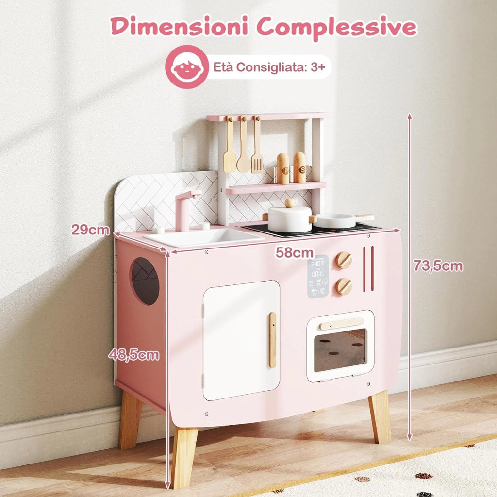 Cucina Giocottolo in Legno per Bambini, Set Gioco di Ruolo Chef con Luci e Suoni, Forno, Fornelli, Microonde e Accessori Vari, Adatto a Bambini 3+ Anni, 58 x 29 x 73,5 cm