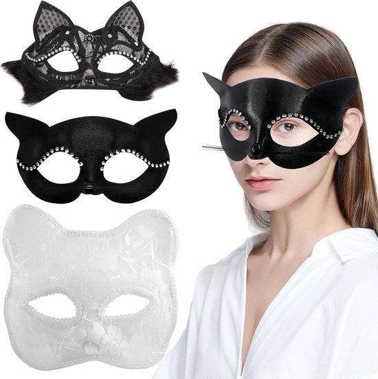 Maschera facciale gatto - angoli sexy gatto - per donne e ragazze - costume Halloween cosplay - maschera facciale a metà - 3 pezzi