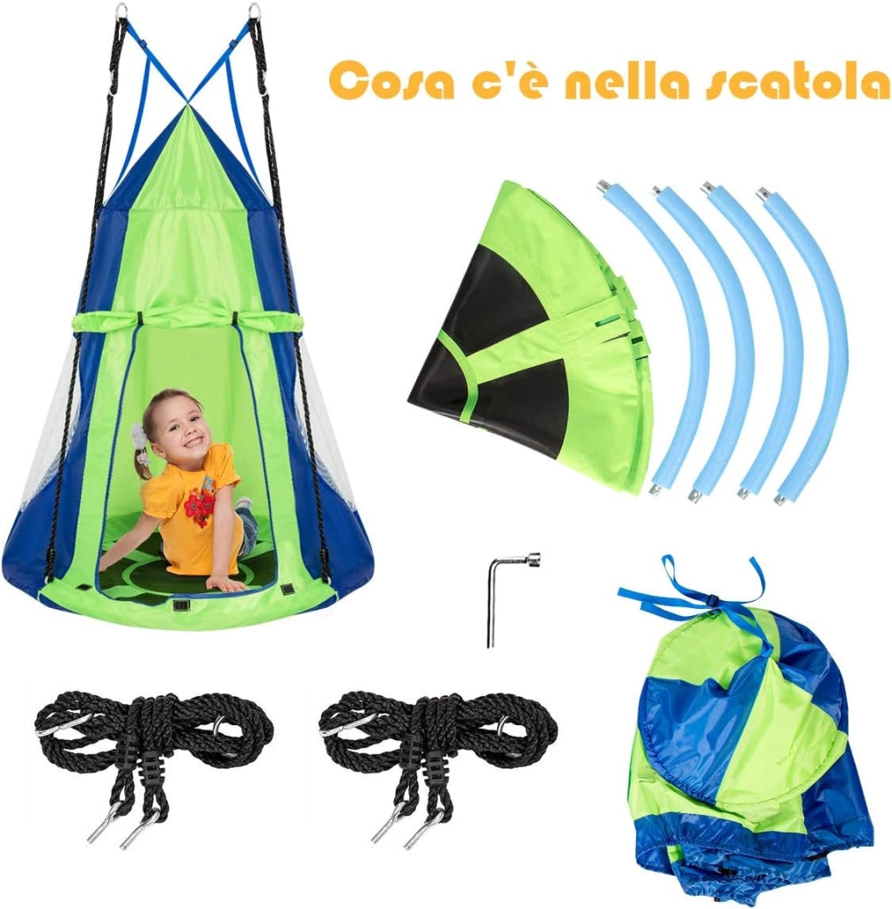 Tenda Altalena da Giardino, Altalena con Tenda da Gioco, 100 x 100 x 132 cm (Blu-Verde)