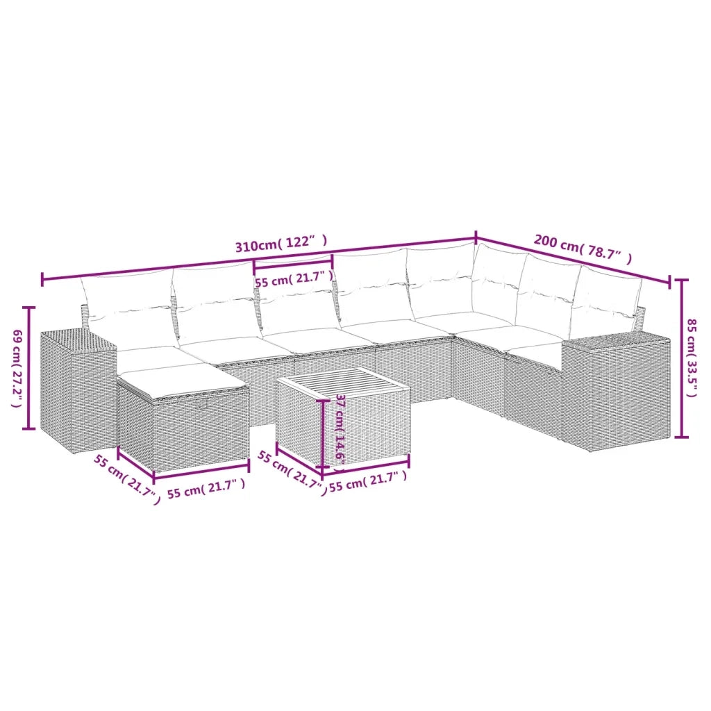 Set Divani da Giardino 9 pz con Cuscini Nero in Polyrattan 3265207