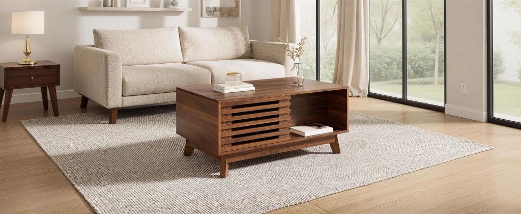 Tavolino basso con piano sollevabile e porta a persiana scorrevole per soggiorno in MDF noce 90 × 55 × 57,5 cm