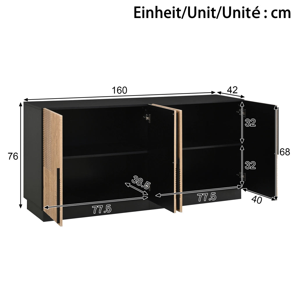 Credenza, mobile contenitore, ante con rilievi, maniglie in metallo, pannelli in truciolato + MDF, colore naturale e nero