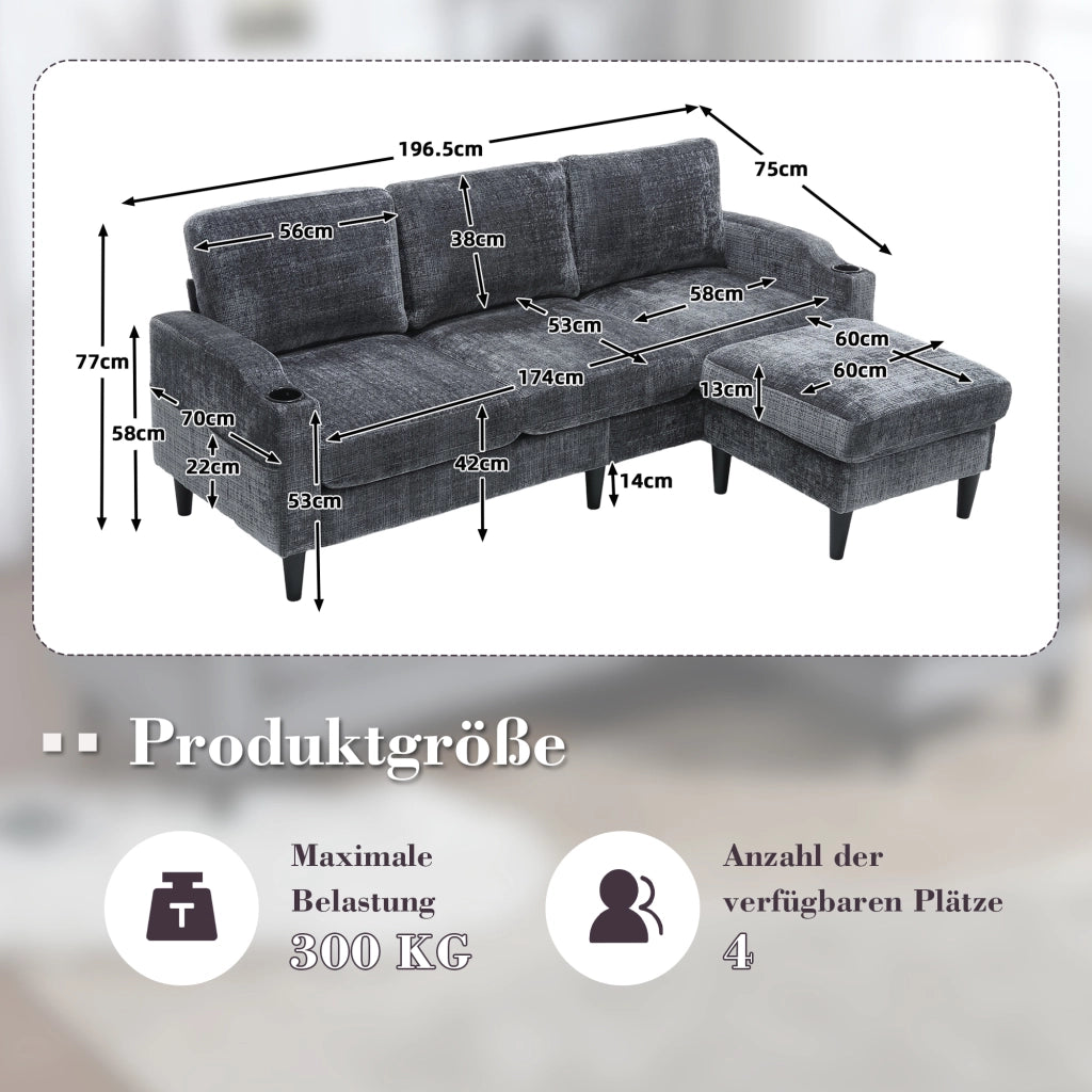 DIVANO 4 POSTI Con pouf contenitore 196,5x75x77 cm Chenille grigio