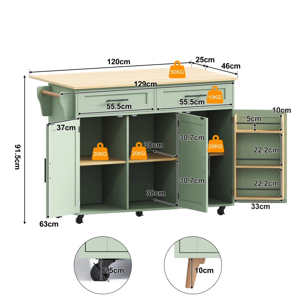 Isola Cucina Mobile 129x46/71x91,5 cm Verde Antico con Piano Ribaltabile, 2 Cassetti e 5 Ruote