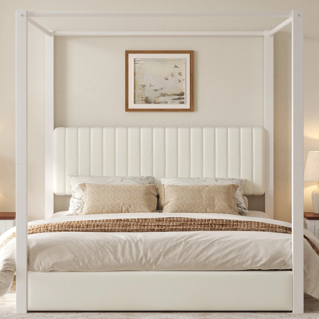 Letto matrimoniale 180 × 200 cm con struttura a baldacchino, testiera imbottita, senza materasso, in MDF e metallo, beige e bianco