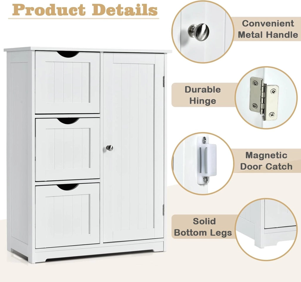 Mobile da Bagno, Armadio Autoportante,Mobile da Bagno Armadietto da Terra Mobiletto con Cassetto, Mobiletto da Cucina Soggiorno Salvaspazio, 60x30x81 cm,3 Colori (Bianco)
