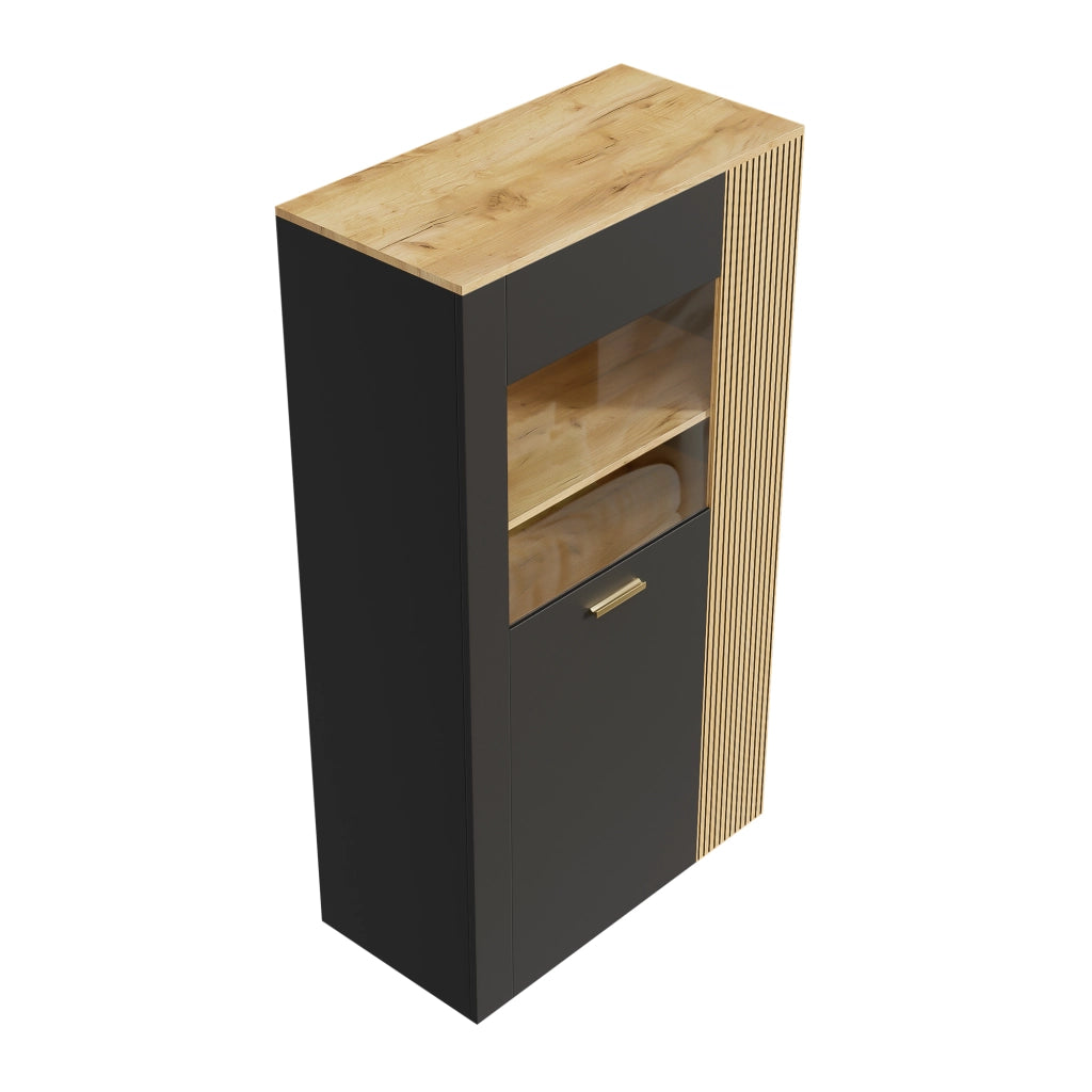 OKWISH Mobile contenitore con 1 anta in vetro, 3 ripiani fissi e 2 regolabili, LED e passacavi, 80 x 40 x 146 cm
