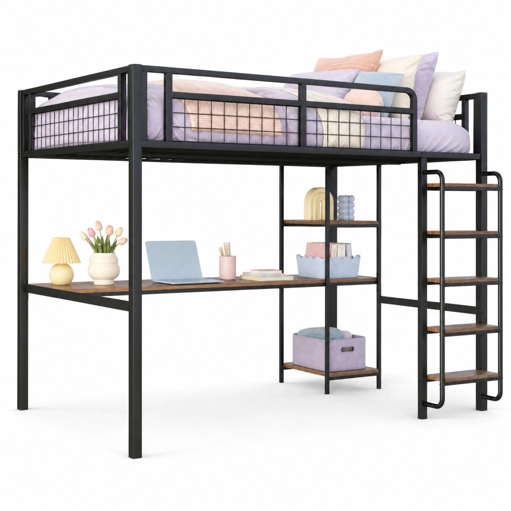 Letto a soppalco in metallo 140x200 cm nero con scala di sicurezza; tavolo e ripiani