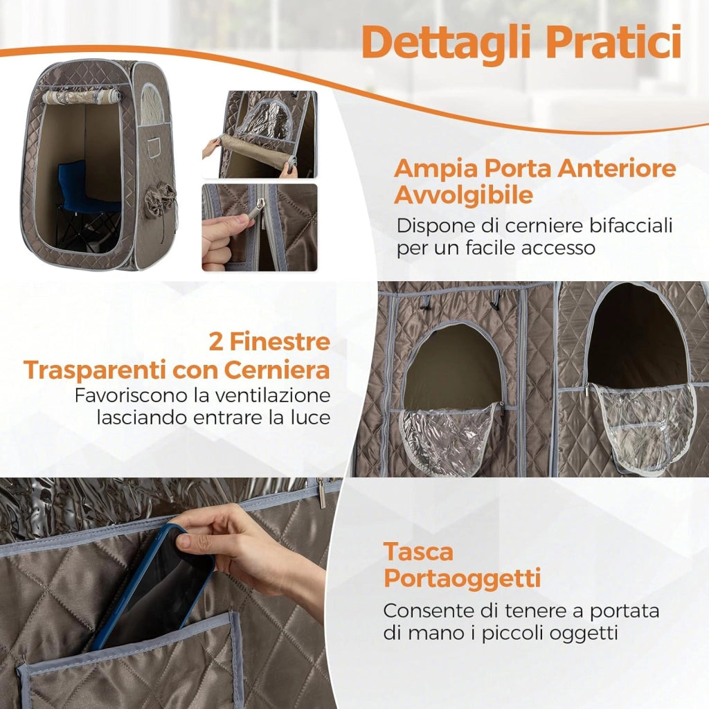 Sauna a Vapore Portatile 3L, Sauna da Casa con 9 Livelli di Regolazione della Temperatura da 40-65℃, Telecomando, Sedia Pieghevole e Massaggiatore per Piedi in Legno (Grigio)