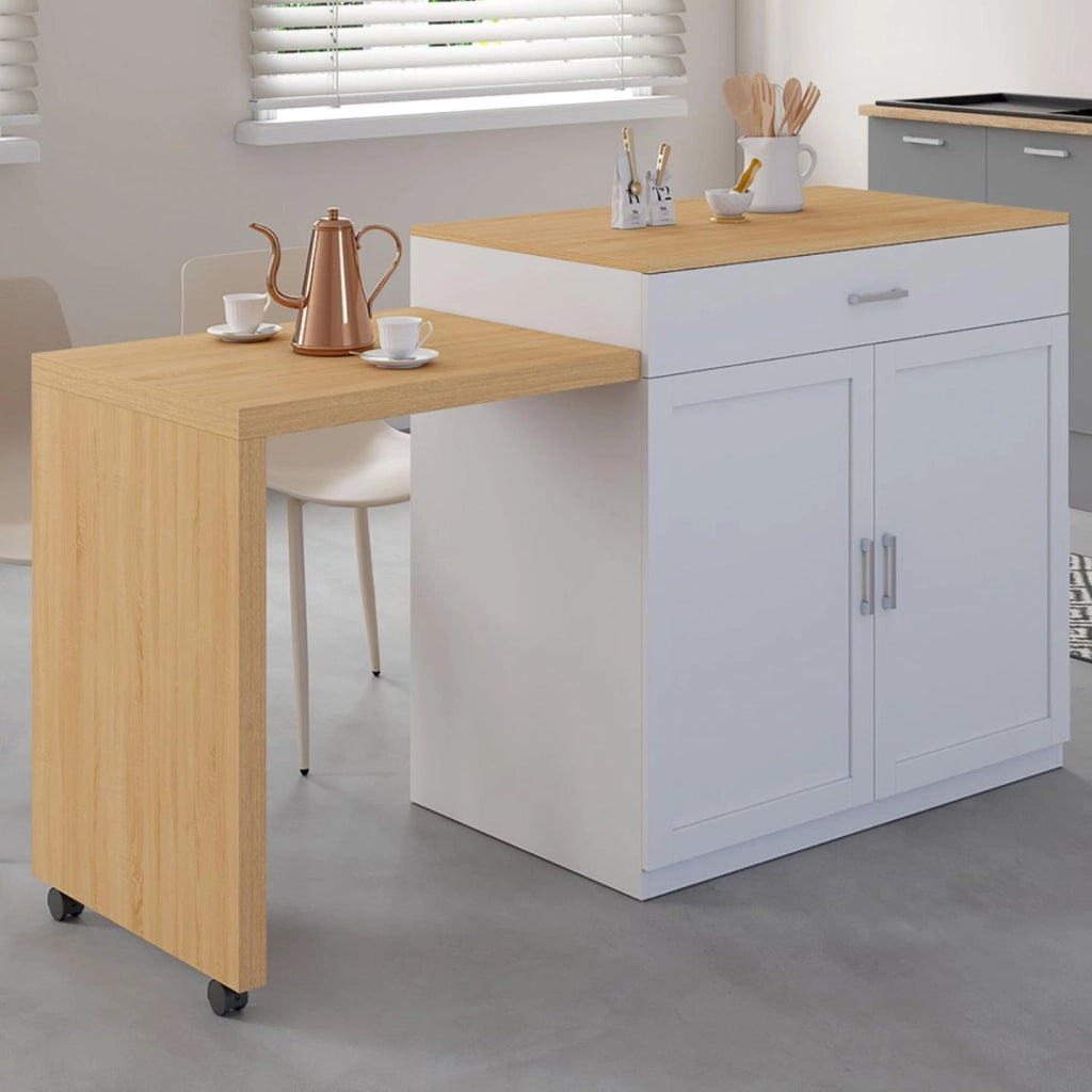 Isola centrale VITO 94-155 cm in legno bianco con tavolo da pranzo integrato allungabile in finitura faggio