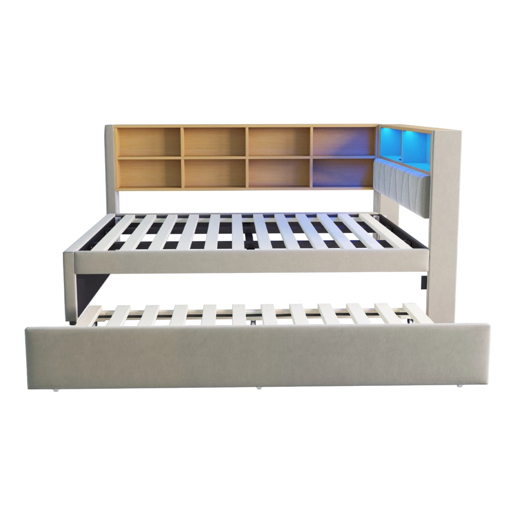 Divano letto con letto estraibile 140x200 cm, LED, USB e vani contenitore, flanella grigio chiaro