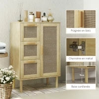 Mobile da Bagno in Stile Bohémien con 3 Cassetti e 3 Mensole, Frontale in Rattan Intrecciato, Compatto, 55 x 30 x 82 cm, Quercia