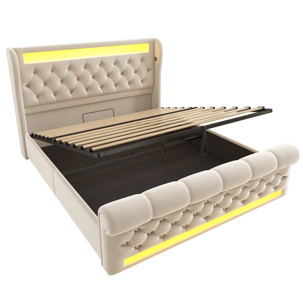 Letto matrimoniale imbottito 140x200 cm in velluto beige con LED; contenitore e USB