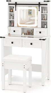 Toeletta da Trucco con Sgabello Rimovibile, Toeletta con Luci LED Tricolore, Tavolo da Trucco con Specchio, Luminosità Regolabile, 6 Ripiani Regolabili, Piano in Vetro Trasparente