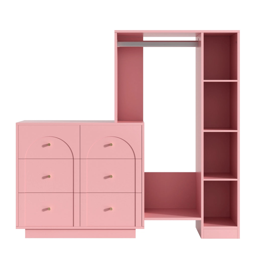 Armadio Guardaroba Aperto Rosa 139×35×133 cm con Barra Appendabiti; 6 Cassetti e Ripiani Laterali