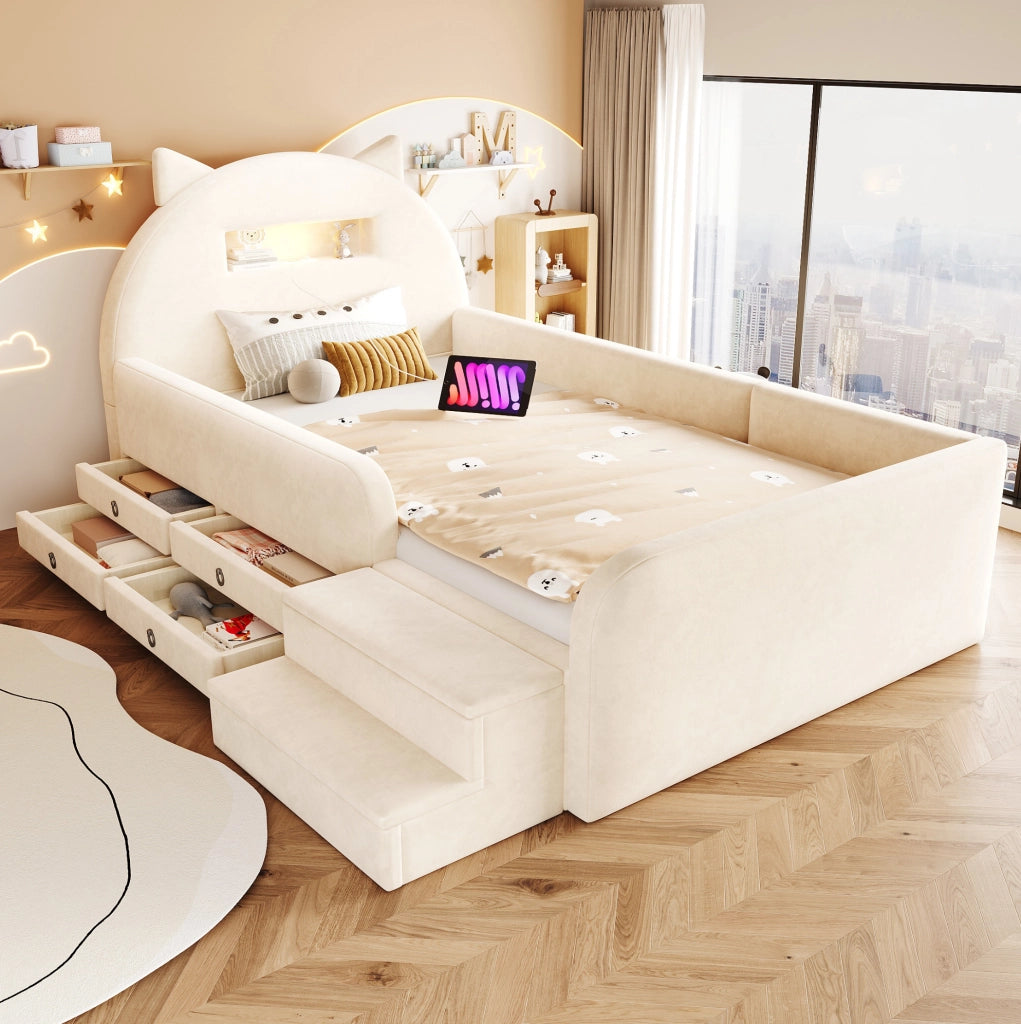 Letto imbottito per bambini 90x200 cm con contenitore; luce notturna e USB in velluto beige