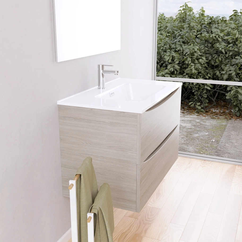 Mobile da bagno sospeso 80cm rovere chiaro con lavabo e specchio | Aspen