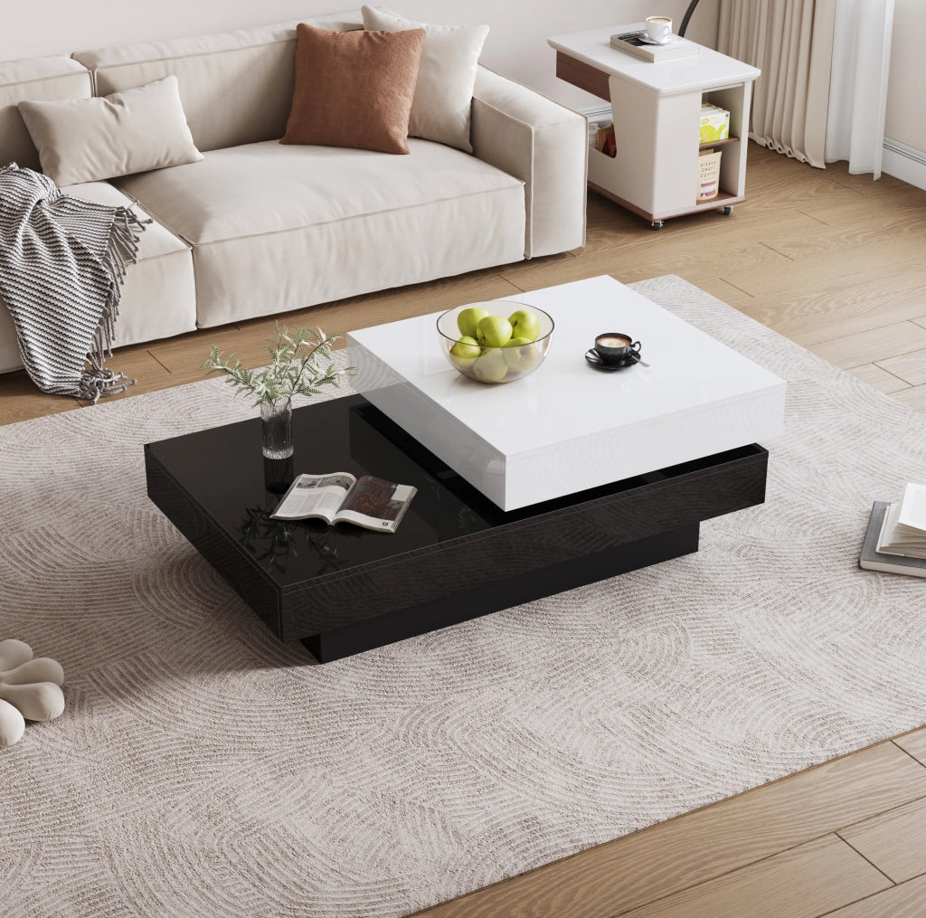 Tavolino da salotto 103x60x35.5 cm girevole a due livelli in truciolare bianco e nero