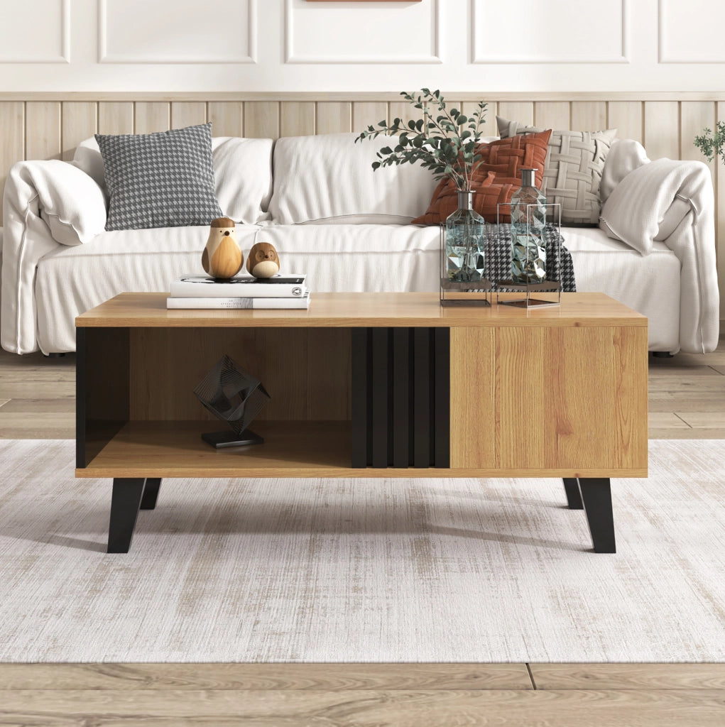 Tavolino da salotto 100x60x45 cm con 3 vani; vetro e pannello truciolare naturale e nero