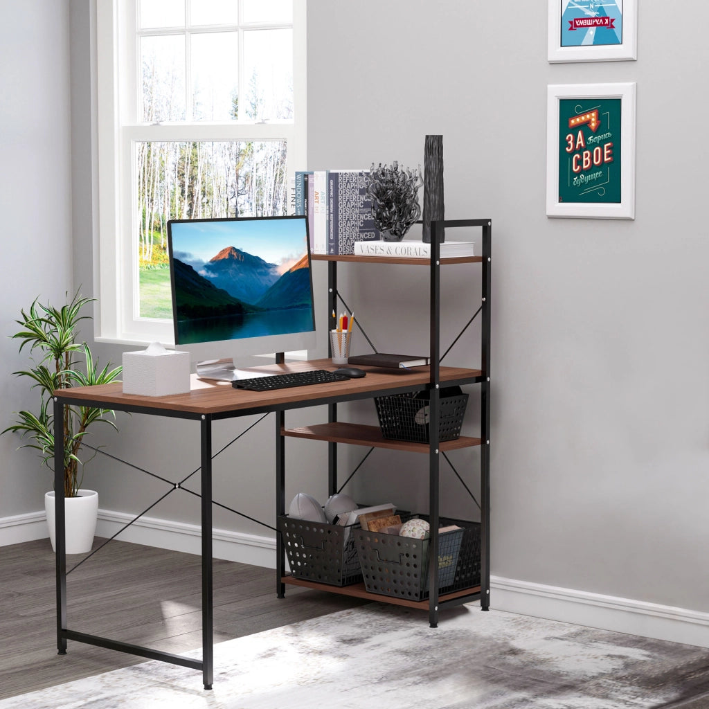 Scrivania angolare con libreria ¨C Zephmum ¨C Legno noce e metallo nero 90x50x75 cm