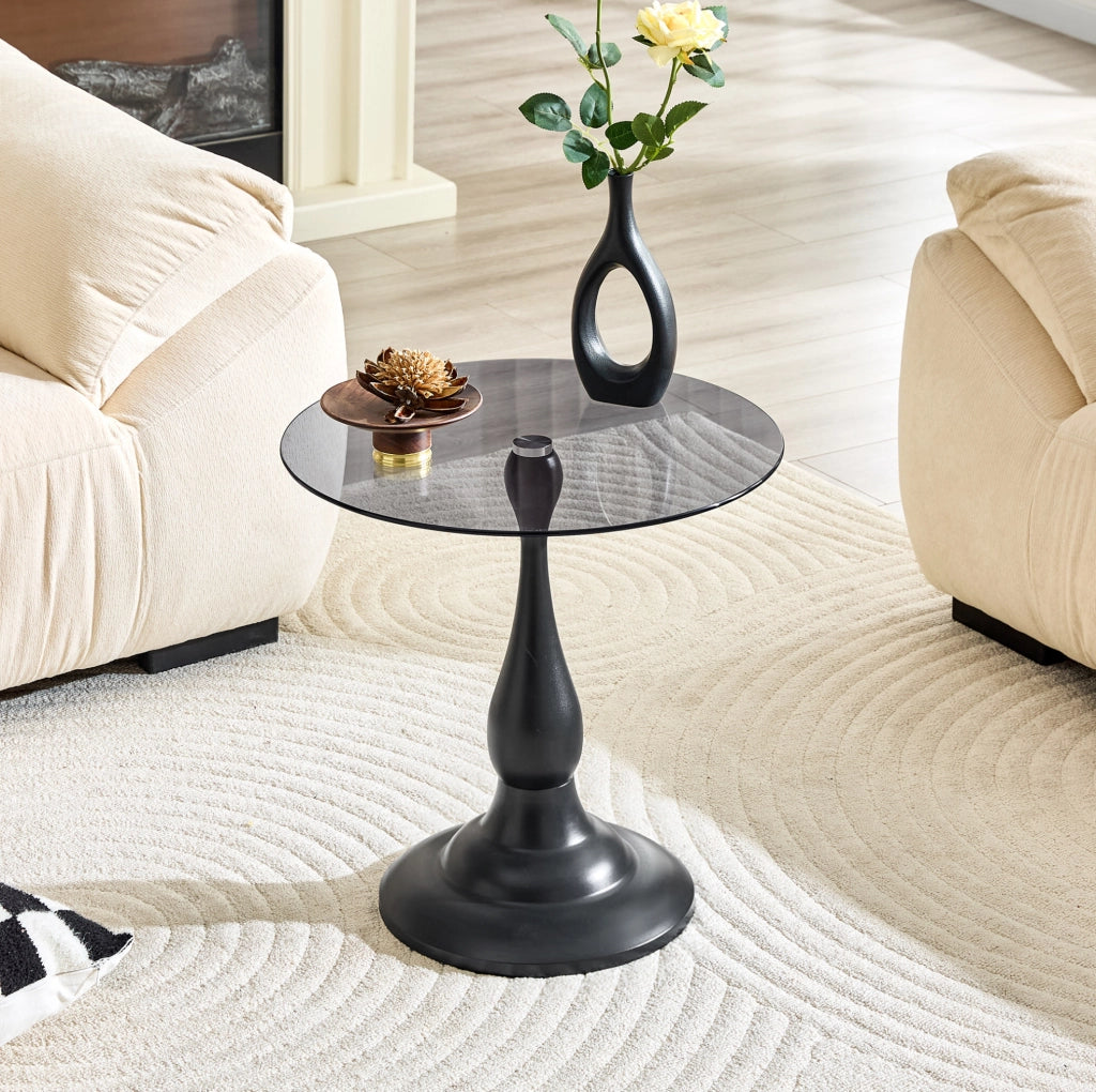 Tavolino laterale in vetro temperato con base in metallo nero
