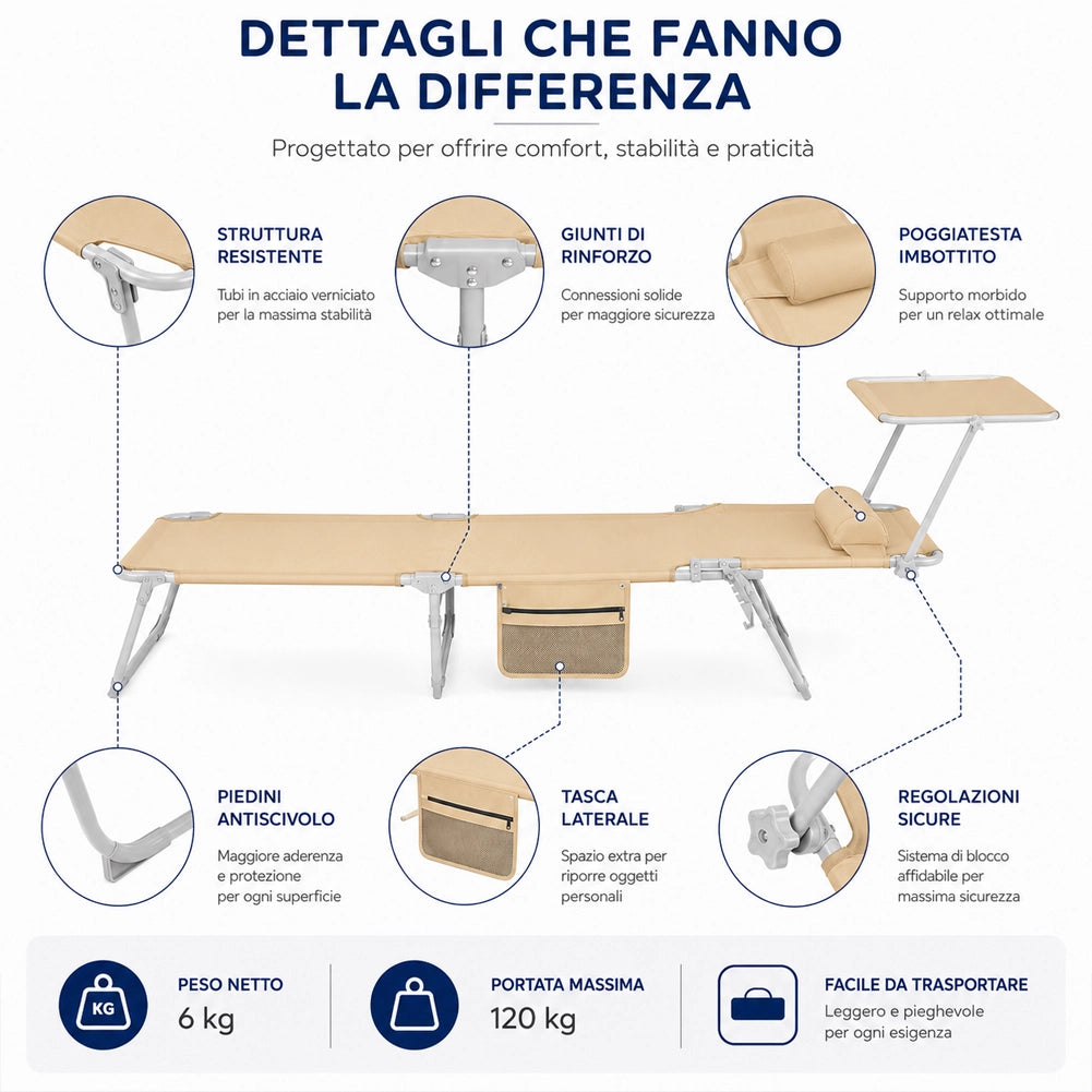 Lettino Pieghevole da Spiaggia Esterno Piscina Ecru Sdraio da Mare con Parasole
