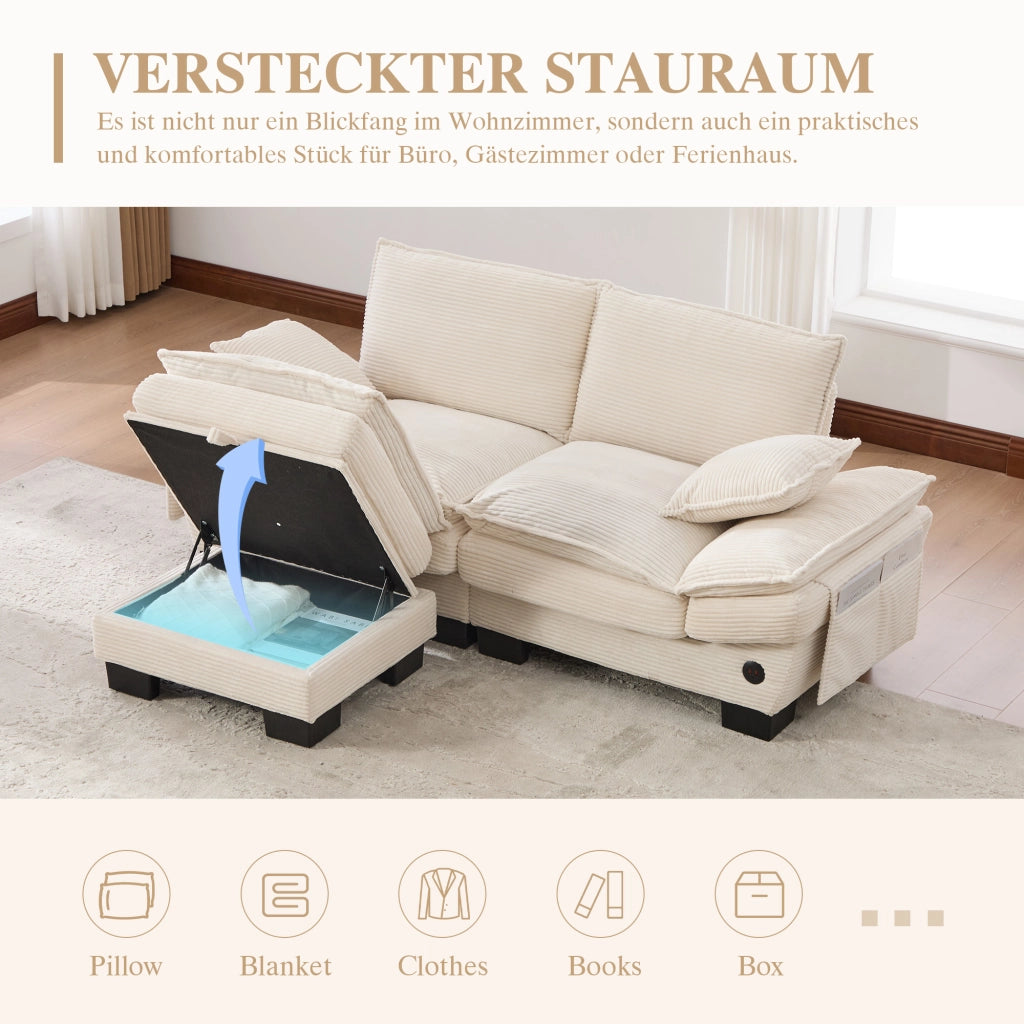 Divano modulare 2 posti in corduroy con pouf, seduta ergonomica, porta USB-C, tasche laterali e cuscini beige