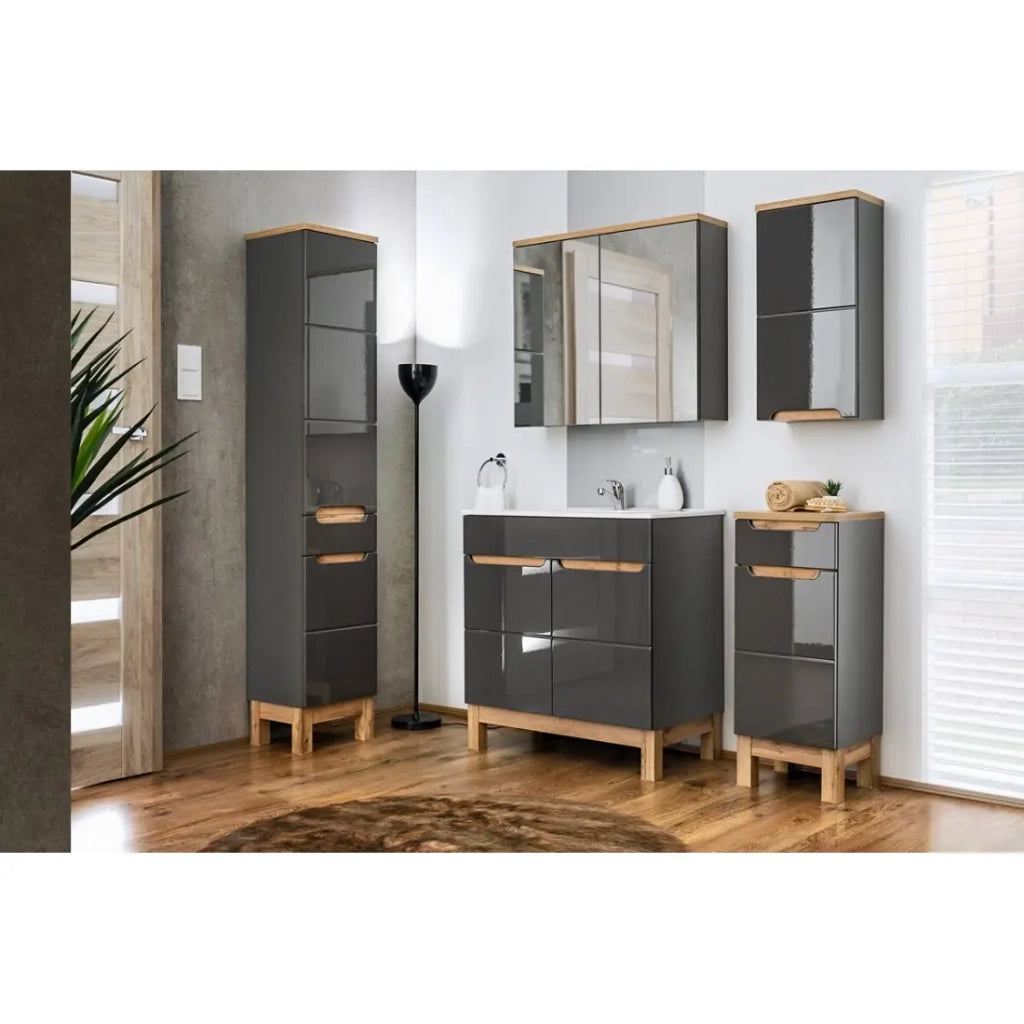 Mobile contenitore per bagno ERMANO – Finitura in legno e grigio lucido, 60 cm