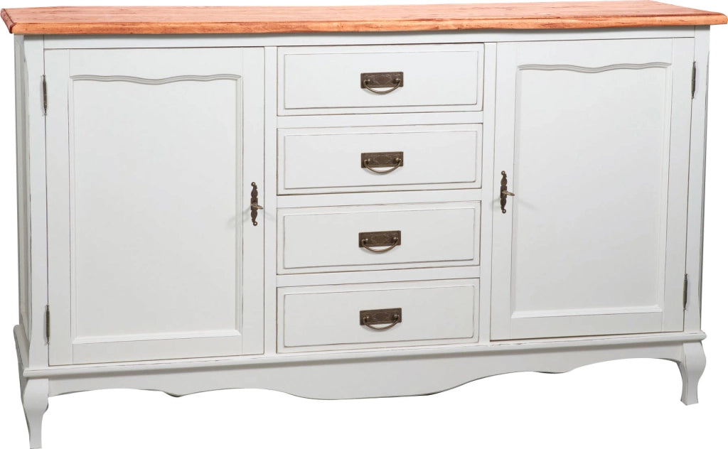 Biscottini Credenza Country in legno massello di tiglio struttura bianca anticata piano finitura naturale L160xPR42xH90 cm. Made in Italy