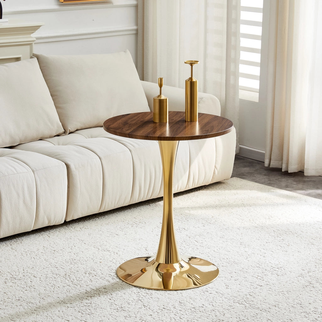 Tavolo rotondo Mid-Century in MDF e metallo; altezza 72 cm; Gold/Walnut