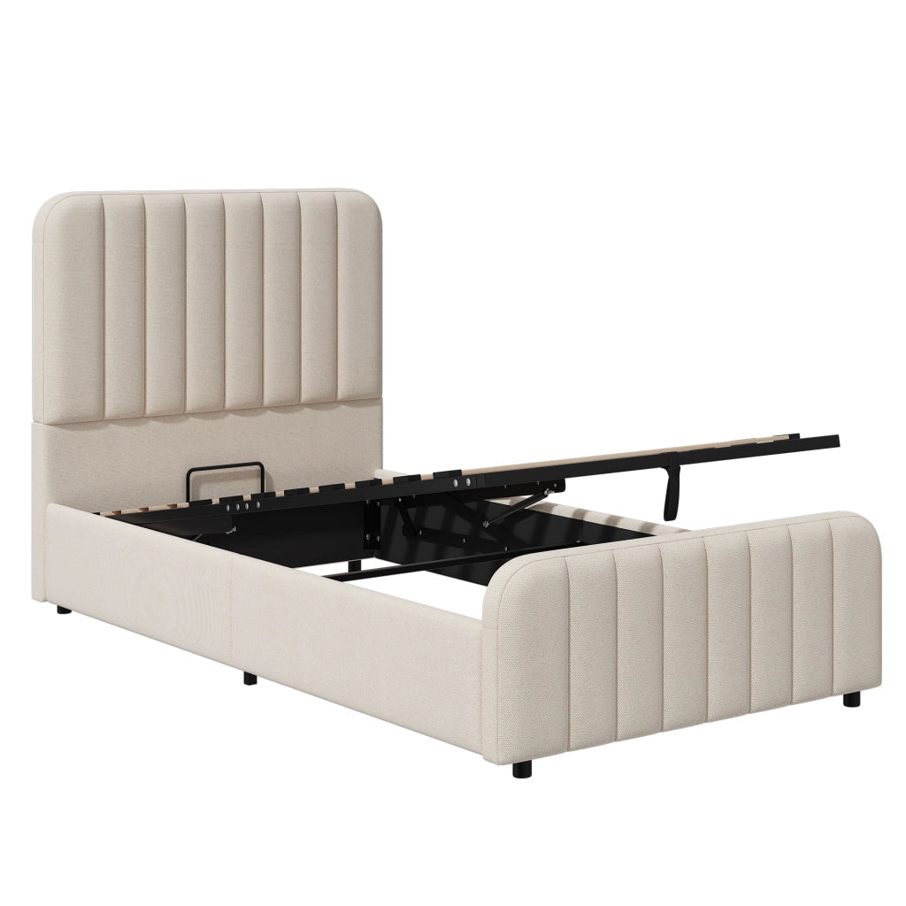 Letto singolo imbottito 90x200 cm con sollevamento idraulico, rete a doghe, testiera trapuntata e vano contenitore, beige