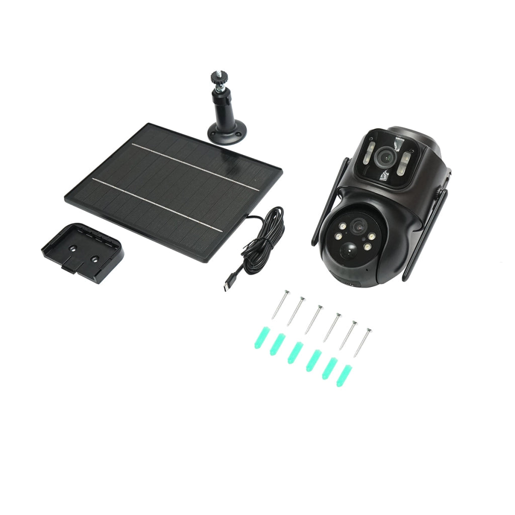 Telecamera di sorveglianza con lente doppia 4 MP, pannello solare 7.6W, batteria 18650 a ricarica rapida, WIFI 2.4 GHz, rotazione 360° PTZ con sensore di movimento, rilevamento umano PIR, allarme, visione notturna e applicazione iCSee