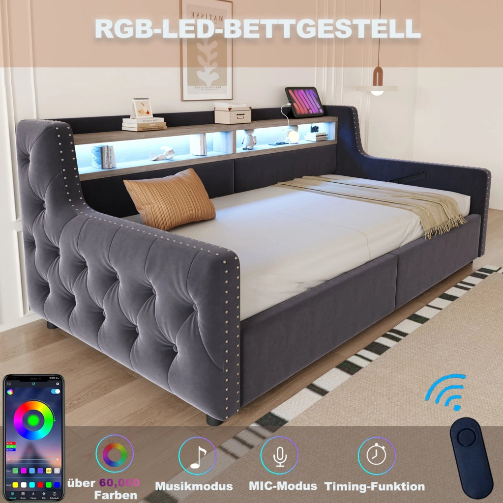 Divano letto imbottito 90x200 cm con contenitore; LED; mensola; presa USB e Type-C; velluto grigio