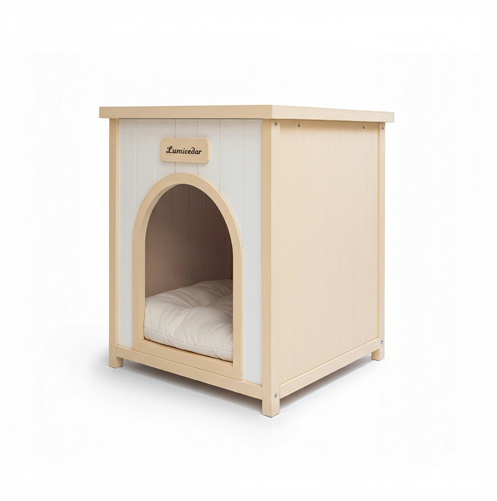 Cuccia per cani in legno con cuscino rimovibile; bianco crema