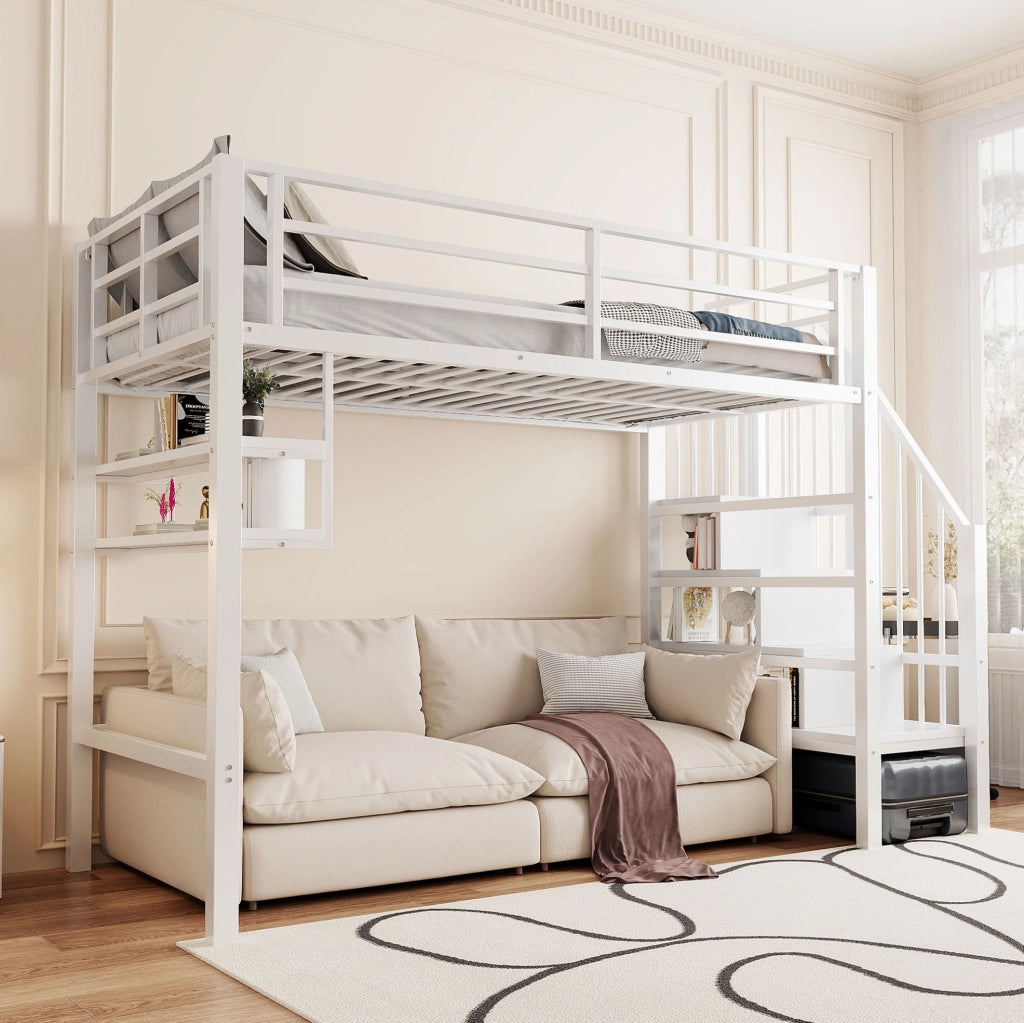 Letto a soppalco ULEVR 90x200 cm con scala contenitore, ripiani e sponde di sicurezza, bianco
