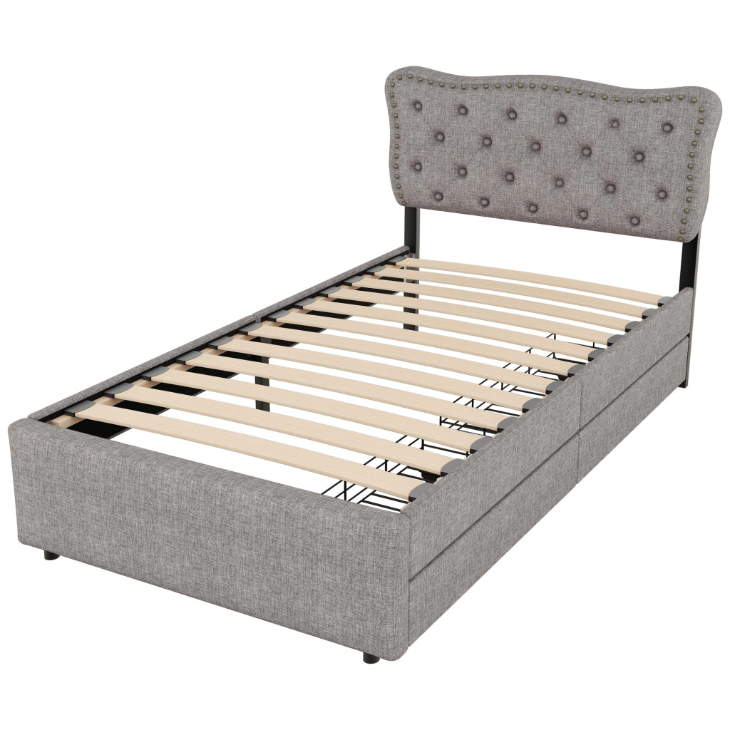 OKWISH Letto Singolo 90×200 cm con 2 Cassetti, Testiera Regolabile e Borchie Decorative, senza Materasso, in MDF e Lino, Grigio